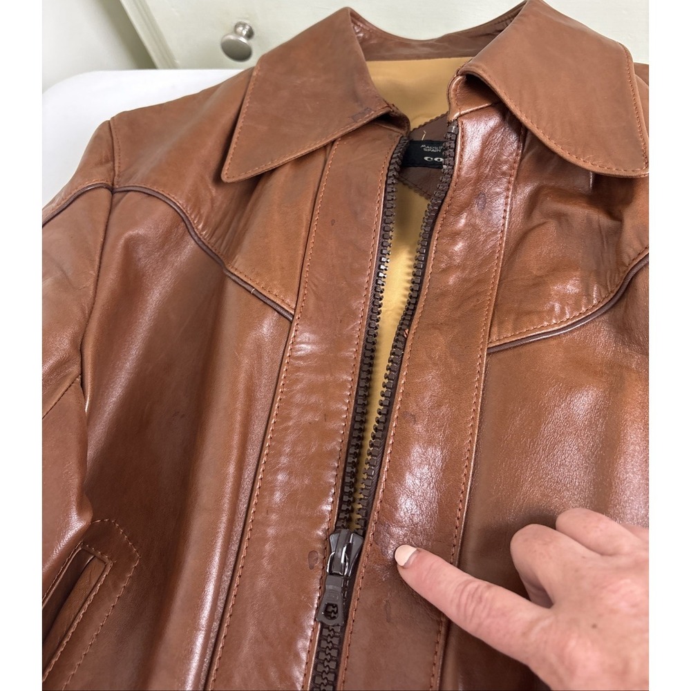 Vintage Cortefiel Leather Bomber Jacket Mens 38 Caramel Brown Soft Gangster - Picture 8 of 14